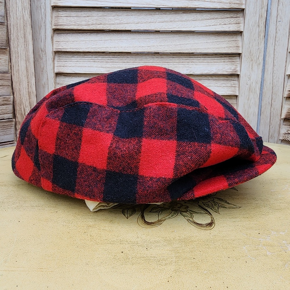 Vtg Pendleton Large Red Black Wool Buffalo Plaid Flat Cap Newsies Made in USA